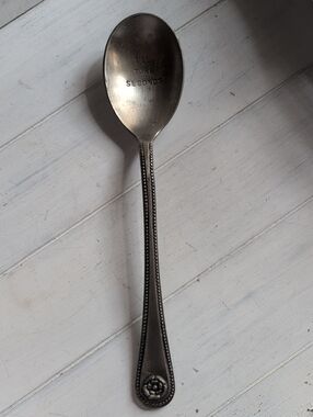 Stamped Metal Serving Spoon in Antique Silver Finish "I'll Take Seconds" 10.5"